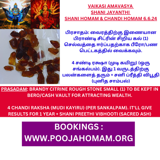 VAIKASI AMAVASYA SHANI JAYANTI HOMAM & CHANDI HOMAM  06.06.24